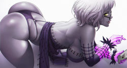 Rule 34 | 1girl, all fours, arched back, ass, bare back, bare shoulders, breasts, cellphone, clothes lift, colored skin, detached sleeves, dress, dress lift, fate/grand order, fate/grand order arcade, fate (series), from side, glasses, glowing, grey hair, grey skin, highres, holding, holding phone, huge ass, impossible clothes, impossible dress, jacques de molay (foreigner) (fate), jacques de molay (foreigner) (third ascension) (fate), jacques de molay (saber) (fate), k19, large breasts, lips, looking at viewer, looking to the side, multi-strapped panties, nail polish, o-ring, o-ring bottom, o-ring panties, panties, parted lips, phone, pink nails, purple dress, purple panties, short hair, sideboob, skeleton, skindentation, smartphone, solo, strapless, strapless dress, thighs, thong, top-down bottom-up, underwear, yellow eyes