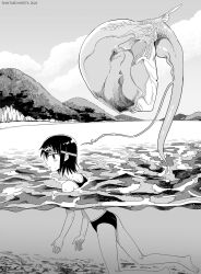 Rule 34 | 1girl, aremoyou, barefoot, bikini, cloud, cloudy sky, clueless, commentary request, dated, day, floating, foot out of frame, from side, goggles, goggles on head, greyscale, highres, lake, looking ahead, monochrome, monster, mountainous horizon, open mouth, original, outdoors, partially submerged, partially underwater shot, peril, profile, short hair, simple background, sky, solo, swim goggles, swimming, swimsuit, tentacles, underwater, wet