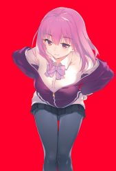 Rule 34 | 1girl, baisi shaonian, black skirt, bow, breasts, closed mouth, collared shirt, dress shirt, gridman universe, hands on own hips, highres, jacket, large breasts, leaning forward, light purple hair, off shoulder, pantyhose, pleated skirt, purple bow, purple jacket, red background, shinjou akane, shirt, simple background, skirt, smile, ssss.gridman, white shirt, zipper, zipper pull tab