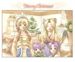 Rule 34 | 2boys, 2girls, :d, ^ ^, armor, bare shoulders, bauble, blonde hair, blue eyes, blush, bottle, breastplate, brother and sister, bud, bud (lom), carpet, char, christmas ornaments, closed eyes, criss-cross halter, curtains, fire, fireplace, food, fruit, gift, glint, hair ornament, hair ribbon, hair stick, halterneck, hat, imu, imu (lom), indoors, jpeg artifacts, jug (bottle), legend of mana, lisa (lom), long hair, looking at viewer, merry christmas, multiple boys, multiple girls, open mouth, pixel art, pointy ears, purple hair, purple skirt, red hat, ribbon, seiken densetsu, short hair, siblings, skirt, smile, stick, strawberry, table, toto, toto (lom), very long hair, window, wreath