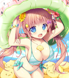 Rule 34 | 1girl, ass, bikini, bird, blue eyes, blue sky, bow, bow bikini, bracelet, breasts, brown hair, cameltoe, chick, cleavage, cloud, collarbone, commentary request, covered erect nipples, flower, flower bracelet, green bikini, hair bow, hair flower, hair ornament, hairclip, halterneck, highres, holding, holding swim ring, innertube, jewelry, large breasts, mikeou, navel, object on breast, ocean, open mouth, original, sidelocks, sky, solo, striped bikini, striped clothes, swim ring, swimsuit, thighs, twintails, x hair ornament