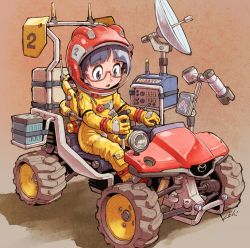 Rule 34 | 1girl, :o, all-terrain vehicle, black hair, commentary, driving, glasses, helmet, highres, kiichi, mazda, original, satellite dish, science fiction, simple background, solo, spacesuit