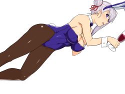 Rule 34 | 1girl, alcohol, alternate costume, animal ears, bare arms, bare shoulders, blue bow, blue bowtie, blue leotard, bowtie, breast suppress, breasts, brown pantyhose, covered navel, cup, drink, drinking glass, dutch angle, eyebrows hidden by hair, fake animal ears, fate/grand order, fate (series), from side, hair bun, haruhisky, holding, holding drink, leotard, looking at viewer, looking to the side, miyamoto musashi (fate), neck, open mouth, pantyhose, playboy bunny, purple eyes, purple hair, rabbit ears, rabbit tail, short hair, sideboob, standing, strapless, strapless leotard, tail, thick thighs, thighs, white background, wine, wine glass