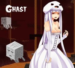Rule 34 | breasts, cleavage, dress, elbow gloves, ghast, gloves, hat, long hair, lowres, minecraft, lava, very long hair, white hair