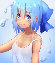 Rule 34 | 1girl, bad id, bad pixiv id, blue eyes, blue hair, blush, bow, cirno, hair bow, hidden star in four seasons, highres, ice, looking at viewer, no wings, off shoulder, short hair, simple background, smile, solo, strap slip, tan, tank top, tanline, tanned cirno, touhou, upper body, water, yusake san