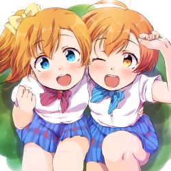 Rule 34 | 2girls, :d, ;d, ahoge, arm around waist, blue eyes, blue neckwear, blue skirt, blush, bow, bowtie, clenched hand, from above, hair bow, hand on own head, hand up, highres, hoshizora rin, kosaka honoka, looking at viewer, looking up, love live!, love live! school idol project, miniskirt, multiple girls, one eye closed, one side up, open mouth, orange hair, otonokizaka school uniform, plaid, plaid skirt, pleated skirt, red neckwear, school uniform, sen (sen0910), shirt, short hair, short sleeves, sitting, skirt, smile, striped bow, striped bowtie, striped clothes, striped neckwear, white shirt, wrist extended, yellow bow, yellow eyes