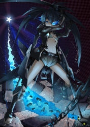 Rule 34 | 10s, 1girl, bikini, bikini top only, black hair, black rock shooter, black rock shooter (character), black rock shooter (game), blue eyes, boots, glowing, glowing eye, glowing eyes, long hair, midriff, navel, shorts, sirills, solo, swimsuit, sword, twintails, weapon