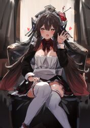 Rule 34 | 1girl, alternate costume, apron, black hair, black hat, black skirt, blush, breasts, cleavage, commentary request, couch, detached collar, flower-shaped pupils, frilled skirt, frills, genshin impact, gradient hair, hair between eyes, hair ornament, hand up, hat, heart, highres, hu tao (genshin impact), indoors, knees together feet apart, long hair, long sleeves, looking at viewer, maid, maid apron, maid headdress, medium breasts, multicolored hair, on couch, open mouth, pleated skirt, red eyes, red hair, sitting, skirt, solo, spoken heart, symbol-shaped pupils, the olphy, thighhighs, twintails, very long hair, white thighhighs