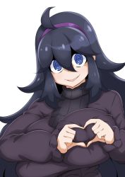 Rule 34 | 1girl, @ @, ahoge, breasts, creatures (company), game freak, hairband, heart, heart-shaped boob challenge, heart hands, hex maniac (pokemon), large breasts, long sleeves, looking at viewer, nintendo, npc trainer, open mouth, pokemon, pokemon xy, purple eyes, purple hair, purple hairband, ribbed sweater, simple background, smile, solo, sweater, toudori, upper body, white background