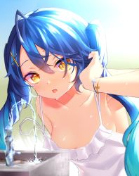 Rule 34 | 1girl, ahoge, amamiya kokoro, bell, blue hair, blush, bracelet, breasts, commentary, day, dress, drinking, drinking fountain, fang, hair bell, hair ornament, hand in own hair, highres, jewelry, jingle bell, leaning forward, looking at viewer, medium breasts, neit ni sei, nijisanji, no bra, open mouth, outdoors, sideboob, skin fang, sleeveless, solo, twintails, virtual youtuber, water, white dress, x hair ornament, yellow eyes