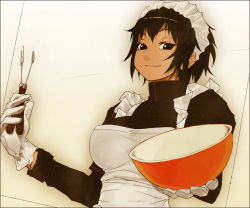 Rule 34 | 1girl, apron, black border, border, bowl, breasts, cooking, gloves, hair ornament, large breasts, maid, maid apron, original, short hair, smile, solo, sun-3, white gloves