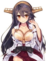 Rule 34 | 1girl, aiguillette, arm behind back, bare shoulders, black hair, blush, bra, breasts, brown eyes, cleavage, closed mouth, collarbone, cowboy shot, detached sleeves, hair between eyes, hair ornament, hairband, hairclip, hand up, haruna (kancolle), headgear, japanese clothes, kantai collection, large breasts, long hair, looking at viewer, nontraditional miko, red skirt, shirokitsune, sidelocks, simple background, skirt, smile, solo, underwear, white background, wide sleeves, yellow bra