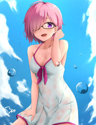 Rule 34 | 1girl, :d, ahoge, black-framed eyewear, breasts, cleavage, cloud, cloudy sky, collarbone, day, dress, fate/grand order, fate (series), from below, hair over one eye, hand in own hair, hand on leg, hand on own thigh, highres, leaning forward, looking at viewer, mash kyrielight, mash kyrielight (swimsuit of perpetual summer), medium breasts, official alternate costume, one-piece swimsuit, open mouth, outdoors, pink hair, purple eyes, raidensan, short dress, short hair, sideboob, sky, sleeveless, sleeveless dress, sleevlss dress, smile, solo, standing, swimsuit, white dress, white one-piece swimsuit