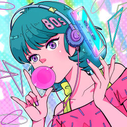 Rule 34 | 1980s (style), 1girl, blowing bubbles, blue hair, cassette tape, circle, collarbone, eyelashes, headphones, highres, morry369, multicolored background, multicolored nails, nail polish, number hair ornament, oldschool, original, pink shirt, purple eyes, retro artstyle, shirt, short hair, solo, t-shirt, triangle, upper body
