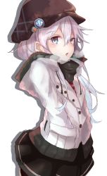 Rule 34 | 10s, 1girl, absurdres, alternate costume, anchor symbol, black skirt, blue eyes, buttons, chestnut mouth, commentary request, hair between eyes, hands in pockets, hibiki (kancolle), highres, hood, hooded jacket, jacket, kantai collection, long hair, long sleeves, looking at viewer, ranf, silver hair, simple background, skirt, solo, white background, white jacket