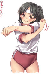 Rule 34 | 1girl, black hair, blush, brown eyes, buruma, clenched hand, cowboy shot, ebifurya, gluteal fold, headband, highres, kantai collection, looking at viewer, motion lines, nagara (kancolle), one side up, outstretched arm, parted bangs, shirt, short hair, short sleeves, simple background, smile, solo, sportswear, stretching, thighs, twitter username, white background, white shirt