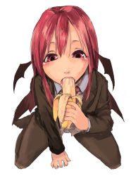 Rule 34 | 1girl, arm support, banana, bat wings, blush, demon girl, food, formal, fruit, highres, holding, holding food, holding fruit, kneeling, koakuma, leaning forward, looking at viewer, no shoes, pantyhose, red eyes, red hair, sexually suggestive, simple background, solo, suit, tongue, touhou, white background, wings, yunuki uta