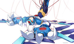 Rule 34 | 1boy, alternate form, android, armor, artist name, bi 51334, blue armor, blue helmet, blurry, blurry background, cable, copy x (mega man), forehead jewel, helmet, highres, looking at viewer, male focus, mechanical wings, mega man (series), mega man zero (series), mega man zero 1, red eyes, solo, white background, wings