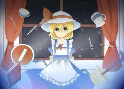 Rule 34 | 1girl, apron, arms behind back, bad id, bad pixiv id, blonde hair, book, cup, curtains, dress, elbow gloves, ellipsis (mitei), floating, fork, gloves, hat, hat ribbon, indoors, kana anaberal, knife, lamp, levitation, looking at viewer, pitcher (container), ribbon, road sign, short hair, sign, smile, solo, teacup, touhou, touhou (pc-98), window, yellow eyes