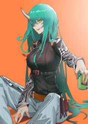 Rule 34 | 1girl, absurdres, arknights, can, drink can, gradient background, green eyes, green hair, hair between eyes, halterneck, highres, horns, hoshiguma (arknights), hoshiguma (ronin huntress) (arknights), jewelry, long hair, necklace, official alternate costume, orange background, pants, pinstripe pants, pinstripe pattern, single horn, sitting, soda can, solo, striped clothes, striped pants, tagme, vertical-striped clothes, vertical-striped pants