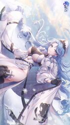 Rule 34 | 1girl, azur lane, black camisole, black gloves, blue eyes, blue hair, breasts, camisole, closed mouth, clothing cutout, coat, coat dress, commentary request, copyright name, exif rotation, floating hair, fur-trimmed coat, fur trim, gloves, hat, highres, large breasts, lens flare, light smile, logo, long hair, looking at viewer, mountain, northern parliament (emblem), official art, outdoors, ozzingo, peaked cap, side cutout, smile, snow, snowflakes, solo, sovetskaya belorussiya (azur lane), standing, sunlight, thighs, white coat