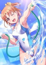 Rule 34 | 1girl, ahoge, arena (company), blue sky, braid, cloud, clover hair ornament, competition swimsuit, cowboy shot, day, dutch angle, empty pool, gluteal fold, hair ornament, highleg, highleg swimsuit, highres, hose, jacket, kanabun, looking at viewer, love live!, love live! sunshine!!, multicolored clothes, one-piece swimsuit, one eye closed, open mouth, orange hair, outdoors, ponytail, pool, red eyes, ribbon, round teeth, short hair, side braid, sky, smile, solo, swimsuit, takami chika, teeth, track jacket, upper teeth only, water, white one-piece swimsuit, yellow ribbon