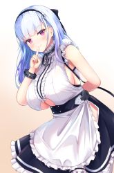 Rule 34 | 1girl, apron, arm behind back, azur lane, bare shoulders, black bow, black hairband, black skirt, blue hair, blunt bangs, blush, bow, bracelet, breasts, center frills, closed mouth, clothing cutout, cowboy shot, dido (azur lane), earrings, finger to mouth, frilled apron, frilled shirt, frilled skirt, frills, gradient background, hair bow, hairband, highres, index finger raised, jewelry, large breasts, leaning forward, long hair, looking at viewer, miso (misomiso 154), pink background, purple eyes, shirt, shushing, skirt, sleeveless, sleeveless shirt, smile, solo, underboob, underboob cutout, waist apron, white apron, white shirt
