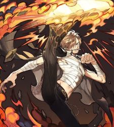 Rule 34 | 1boy, bad id, bad pixiv id, bandages, belt, black eyes, black pants, blonde hair, cigarette, dynamic pose, fighting stance, fire, full body, hair over one eye, large hands, leg up, looking at viewer, male focus, muscular, navel, one piece, open clothes, pants, pectorals, runa (nori31291404), sanji (one piece), smile, smoke, smoking, solo, toned, toned male