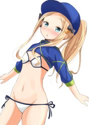 Rule 34 | 1girl, :o, abigail williams (fate), absurdres, aikawa ryou, artoria pendragon (fate), baseball cap, bikini, black bow, blonde hair, blue eyes, blush, bow, commentary request, cosplay, dot nose, fate/grand order, fate (series), flat chest, hair bow, hair ornament, hat, highres, jacket, long hair, looking at viewer, mysterious heroine xx (fate), mysterious heroine xx (fate) (cosplay), navel, open mouth, orange bow, parted bangs, polka dot, polka dot bow, side-tie bikini bottom, simple background, solo, swimsuit, white background, white bikini