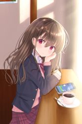 Rule 34 | 1girl, arm rest, bad id, bad pixiv id, blazer, brown hair, cellphone, coffee cup, commentary request, cup, disposable cup, dress shirt, elbow rest, elbows on table, expressionless, hair between eyes, head on hand, head tilt, highres, indoors, jacket, light particles, long hair, long sleeves, looking at viewer, nibosi, open clothes, open jacket, original, phone, picture frame, pink sweater, plaid, plaid skirt, red eyes, red skirt, saucer, school uniform, shirt, sidelighting, sitting, skirt, smartphone, solo, spoon, steam, sweater, uniform, white shirt, window