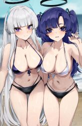 Rule 34 | 2girls, bare arms, bare legs, bare shoulders, bikini, blue archive, blush, breasts, cleavage, closed mouth, day, grey hair, halo, highres, large breasts, long hair, mechanical halo, multiple girls, noa (blue archive), open mouth, outdoors, purple bikini, purple eyes, purple hair, smile, swimsuit, two side up, wakamepiza, white bikini, yuuka (blue archive)