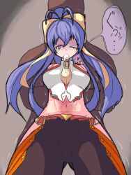 Rule 34 | 1girl, antenna hair, bare shoulders, blazblue, blazblue: central fiction, blazblue variable heart, bow, cowboy shot, genderswap, genderswap (mtf), hair between eyes, hair bow, halterneck, hip vent, long hair, mai natsume, midriff, no bra, one eye closed, pants, pink eyes, ponytail, restrained, sidelocks, wince, yellow bow