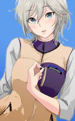 Rule 34 | 10s, 1girl, 71, anastasia (idolmaster), blue background, blue eyes, blush, earrings, idolmaster, idolmaster cinderella girls, jewelry, looking at viewer, open mouth, product placement, short hair, silver hair, simple background, smile, solo