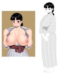 Rule 34 | 1girl, barefoot, black hair, blunt bangs, blush, breasts, breasts apart, breasts out, brown eyes, collarbone, commentary request, feet, greyscale, halftone, highres, huge breasts, inset, japanese clothes, kimono, looking at viewer, low ponytail, mature female, monochrome, nemui333, nipples, obi, open clothes, open kimono, original, sash, standing, sweatdrop, yukata