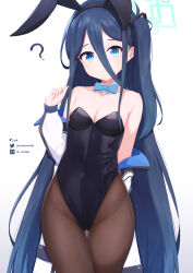 Rule 34 | ?, absurdly long hair, absurdres, animal ears, aris (blue archive), black hair, black leotard, black pantyhose, blue archive, blue bow, blue bowtie, blue eyes, bow, bowtie, breasts, bright pupils, cleavage, cowboy shot, detached collar, halo, highres, jacket, leotard, long hair, looking down, one side up, pantyhose, playboy bunny, rabbit ears, ringed eyes, small breasts, strapless, strapless leotard, thigh gap, tsubame tien, very long hair, white jacket, white pupils