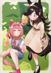 Rule 34 | 2girls, absurdres, animal ears, black footwear, black hair, blush, bow hairband, breasts, brown dress, closed mouth, collared dress, cup, disposable cup, dress, drinking straw, ear covers, freely2327, grass, grin, hair intakes, hairband, haru urara (umamusume), highres, holding, holding cup, horse ears, horse girl, horse tail, knees together feet apart, knees up, long hair, looking at another, multiple girls, neck ribbon, outdoors, overall shorts, overalls, pink hair, pink shirt, ponytail, purple eyes, red footwear, ribbon, rice shower (umamusume), shirt, shoes, small breasts, smile, sneakers, socks, standing, tail, tree, umamusume, v, white socks