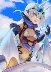 Rule 34 | 1girl, absurdres, ahoge, bare shoulders, bikini, black gloves, blue gloves, blue sky, blush, breasts, detached collar, dragon tail, dragon wings, elbow gloves, fate/grand order, fate (series), forked eyebrows, gloves, goggles, goggles on head, highres, horns, long hair, looking at viewer, melusine (fate), melusine (swimsuit ruler) (fate), melusine (swimsuit ruler) (third ascension) (fate), navel, open mouth, sidelocks, sky, small breasts, smile, solo, swimsuit, tail, two-tone gloves, white bikini, white hair, wings, yellow eyes, yuko ka eru