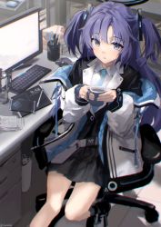 Rule 34 | 1girl, absurdres, black footwear, black jacket, black skirt, blue archive, blue eyes, blue necktie, boots, chair, chamu (chammkue), coffee, collared shirt, commentary request, cup, desk, feet out of frame, highres, holding, holding cup, indoors, jacket, keyboard (computer), long hair, long sleeves, monitor, mouse (animal), mug, necktie, office chair, on chair, open clothes, open jacket, parted bangs, parted lips, pleated skirt, puffy long sleeves, puffy sleeves, purple hair, scissors, shirt, sitting, skirt, sleeves past wrists, solo, steam, swivel chair, two side up, very long hair, white jacket, white shirt, yuuka (blue archive)