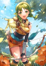 Rule 34 | 1girl, bandana, bow (weapon), braid, breasts, commission, fire emblem, gloves, green eyes, green hair, highres, holding, holding bow (weapon), holding weapon, knees together feet apart, leather strap, looking at viewer, medium breasts, nintendo, outstretched arm, reaching, reaching towards viewer, rebecca (fire emblem), skeb commission, solo, twin braids, upper body, wawatiku, weapon