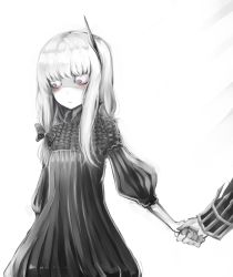 Rule 34 | 1boy, 1girl, age difference, blush, charles-henri sanson (fate), colored skin, dress, fate/grand order, fate (series), highres, holding hands, lavinia whateley (fate), looking away, pale skin, purple eyes, simple background, solo focus, white background, white hair, white skin