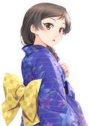 Rule 34 | 1girl, blue kimono, blush, bow, braid, brown eyes, brown hair, checkered bow, checkered clothes, commentary request, floral print, hand up, head tilt, idolmaster, idolmaster million live!, japanese clothes, kimono, kitazawa shiho, long hair, long sleeves, looking at viewer, looking to the side, miri (ago550421), parted lips, print kimono, simple background, solo, white background, wide sleeves, yellow bow