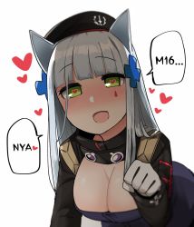 Rule 34 | 1girl, animal ears, beret, blush, breasts, cat ears, cleavage, drunk, girls&#039; frontline, gloves, green eyes, hat, heart, heart-shaped pupils, highres, hk416 (girls&#039; frontline), junsuina fujunbutsu, large breasts, long hair, looking at viewer, nyan, open mouth, paw pose, silver hair, smile, solo, symbol-shaped pupils, upper body
