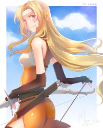 Rule 34 | absurdres, armor, arrow (projectile), ass, back, blonde hair, bow (weapon), breastplate, brigid (fire emblem), brown eyes, commission, commissioner upload, dress, elbow gloves, fire emblem, fire emblem: genealogy of the holy war, gloves, headband, highres, long hair, looking back, nintendo, omizu (mimisyumikan), side slit, sky, sleeveless, smile, very long hair, weapon
