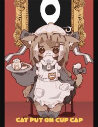 Rule 34 | 1girl, :3, absurdres, animal ear fluff, animal ears, apron, black bow, black dress, black footwear, blue background, body fur, bow, brown eyes, brown fur, brown hair, cat ears, cat girl, cat tail, closed mouth, collared dress, dress, english text, eyeball, frilled apron, frills, full body, furry, furry female, hair bow, hand up, highres, long hair, long sleeves, looking at viewer, maid, maid apron, multicolored hair, neck fur, nikamoka, no pupils, original, picture frame, pillarboxed, puffy long sleeves, puffy sleeves, short eyebrows, solo, standing, streaked hair, tail, tail bow, tail ornament, very long hair, white apron