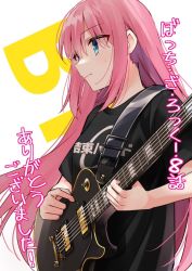 Rule 34 | 1girl, black shirt, blue eyes, bocchi the rock!, closed mouth, clothes writing, electric guitar, gotoh hitori, guitar, hamazi aki, highres, holding, holding instrument, instrument, long hair, looking away, pink hair, shirt, short sleeves, simple background, sweat, t-shirt, translation request, white background