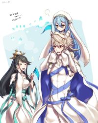 Rule 34 | 1boy, 2girls, aged down, azura (fire emblem), bad id, bad twitter id, barefoot, black hair, blue hair, blue ribbon, bug, butterfly, carrying, closed eyes, corrin (fire emblem), corrin (male) (fire emblem), danno gs, dress, fingerless gloves, fire emblem, fire emblem fates, fire emblem heroes, flag, gloves, hair ornament, highres, holding, holding flag, insect, long hair, mikoto (fire emblem), mother and son, multiple girls, nintendo, open mouth, pointy ears, red eyes, ribbon, short hair, shoulder carry, twitter username, veil, white dress, white gloves, white hair, yellow eyes
