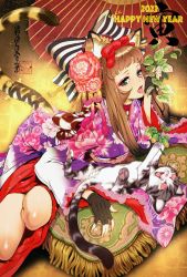 Rule 34 | 1girl, 2022, animal ears, black bow, black gloves, blue eyes, bow, brown hair, cat, chinese zodiac, eyeshadow, fingerless gloves, gloves, hair bow, happy new year, heart, heart-shaped eyes, highres, japanese clothes, kimono, leaf, long hair, maeda hiroyuki, makeup, matatabi (flower), new year, original, pillow, purple kimono, red bow, red eyeshadow, smile, solo, tail, tiger ears, tiger girl, tiger tail, tongue, tongue out, year of the tiger