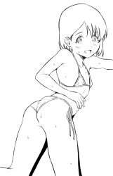Rule 34 | 1girl, ass, bikini, blush, commentary request, flat chest, hand on own hip, idolmaster, idolmaster cinderella girls, kneeling, legs, looking at viewer, looking back, micro bikini, monochrome, open mouth, sasaki chie, shinkun (natsume so), short hair, side-tie bikini bottom, smile, solo, stomach, swimsuit, thighs, wet, white background