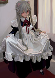 Rule 34 | 1girl, animal ears, apron, apron lift, artist name, black footwear, blue dress, cat ears, closed mouth, clothes lift, curtains, dress, feiqizi (fkey), fkey, frilled apron, frills, grey hair, hair between eyes, highres, indoors, juliet sleeves, long sleeves, looking at viewer, neck ribbon, original, puffy sleeves, red eyes, red ribbon, ribbon, sleeve cuffs, solo, standing, white apron
