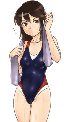 Rule 34 | ^^^, bad id, bad pixiv id, brown hair, competition swimsuit, gus (clarkii), tucking hair, legs, one-piece swimsuit, original, solo, swimsuit, towel, wet